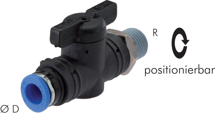 Exemplary representation: Shut-off valve with conical male thread and push-in connection