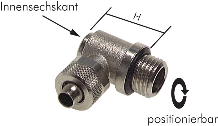 Exemplary representation: CK angular hose fitting, compact with cylindrical thread, nickel-plated brass