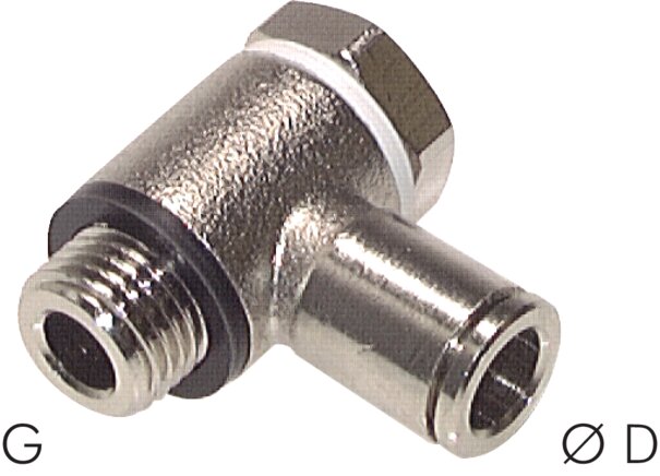 Exemplary representation: Angular swivel push-in fitting with banjo bolt, series C, nickel-plated brass