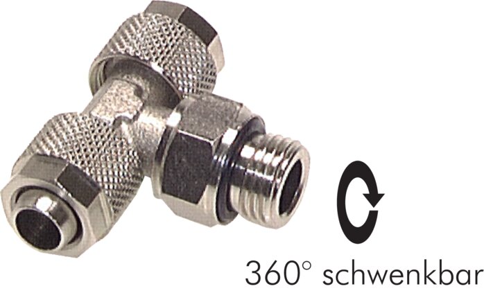 Exemplarische Darstellung: CK-T-Dreh-Schlauchverschraubung mit zylindrischem Gewinde, Messing vernickelt