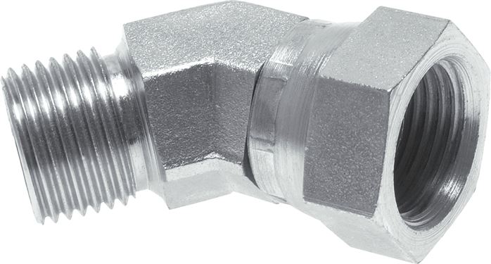 Exemplary representation: 45° elbow fitting with G-thread (60° universal sealing cone, f/m), galvanised steel
